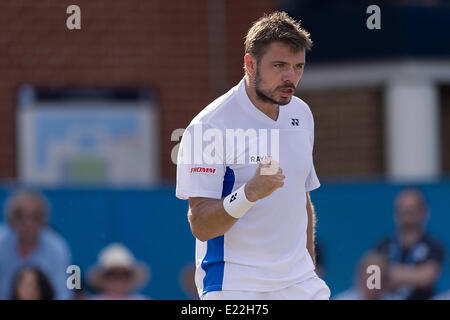 London, UK. 13. Juni 2014. Queens Club Aegon Championships Viertelfinale Stan Wawrinka der Schweiz reagiert auf einen Punkt gegen Marinko Matosevic Australiens zu gewinnen, während die Männer Tag fünf Match bei Aegon Championships Tennisturnier im Queens Club London, Großbritannien statt. Bildnachweis: Action Plus Sport Bilder/Alamy Live News Stockfoto