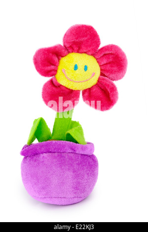 Plüsch Stofftier Blume in den Topf. Auf dem weißen Hintergrund isoliert. Stockfoto