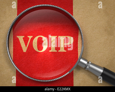 VoIP-Lupe auf altem Papier. Stockfoto