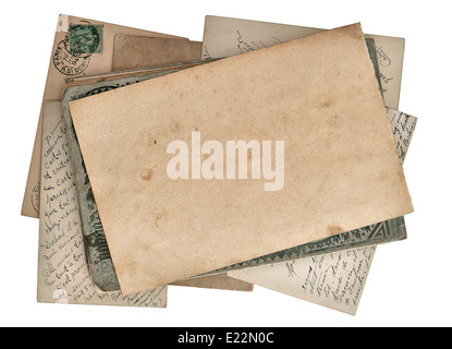 Grunge Papierseite und Postkarten isoliert auf weißem Hintergrund Stockfoto