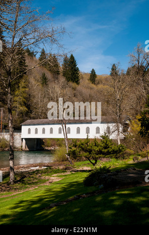 Ein Blick auf die Goodpasture Covered Bridge in Vida, Oregon, in der Nähe von Springfield.  Die Brücke überspannt den McKenzie River. Stockfoto