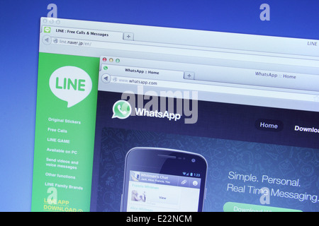 Foto von Linie und WhatsApp auf einem Bildschirm. Sie sind berühmte instant Messaging-Anwendung für smartphones Stockfoto
