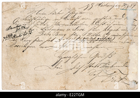 Alter Brief mit handschriftlichem Text von ca. 1889. Grunge Vintage Papierhintergrund Stockfoto