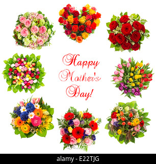 bunte Blumen isoliert auf weißem Hintergrund mit Probe Text Muttertag! Herzlichen Glückwunsch. Grußkarte-Konzept Stockfoto