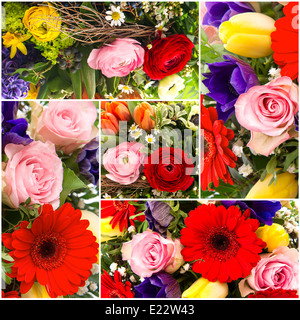 Bouquet von bunten Frühlingsblumen. Tulpen, Ranunkeln, Hyazinthe, Daisy, Anemone. Collage Stockfoto
