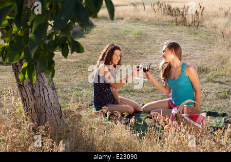 Glückliche junge Frauen Weinprobe bei einem Picknick im goldenen Abendlicht Stockfoto