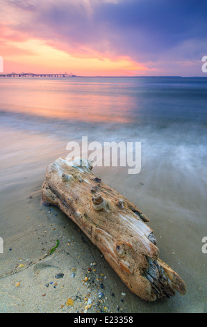 Sonnenuntergang über der Chesapeake Bay vom Terrapin Beach Park am Ostufer Maryland, mit der Bay Bridge im Hintergrund. Stockfoto
