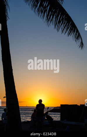 Silhouette einer Palme und Menschen den Sonnenuntergang am Strand von Waikiki auf der Insel Oahu in Hawaii. Stockfoto