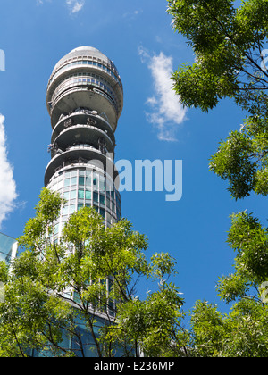 Telekom-Turm vor blauem Himmel mit weißen Wolken und Bäume Stockfoto