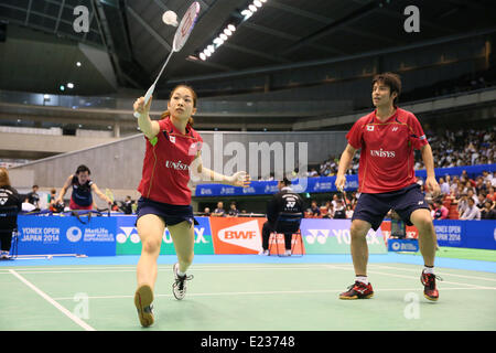 Tokyo Metropolitan Gymnasium, Tokio, Japan. 13. Juni 2014. Kenichi Hayakawa & Misaki Matsutomo (JPN), 13. Juni 2014 - Badminton: Yonex Open Japan 2014 Mixed-Doppel am Tokyo Metropolitan Gymnasium, Tokio, Japan. © Yohei Osada/AFLO SPORT/Alamy Live-Nachrichten Stockfoto