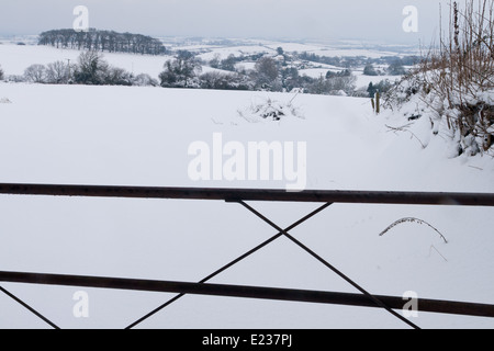 Verschneite Landschaft, mit Blick auf einen Hof auf den Quantock Hills in Richtung Nether Stowey Stockfoto