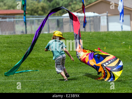 Kleiner Junge einen Drachen auf einer Wiese zu starten Stockfoto