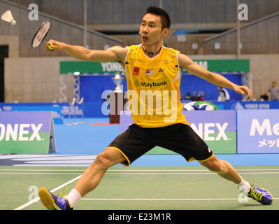 Tokio, Japan. 15. Juni 2014. Lee Chong Wei von Malaysia konkurriert gegen Hu Yun aus China Hong Kong während der Herren Einzel Finale der Yonex Open Japan in Tokio, Japan, 15. Juni 2014. Lee gewann mit 2: 0 und holte sich den Titel. © Stringer/Xinhua/Alamy Live-Nachrichten Stockfoto