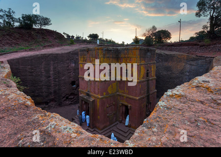 Bet Giyorgis Fels gehauene Kirche im Morgengrauen Lalibela Äthiopien. Stockfoto