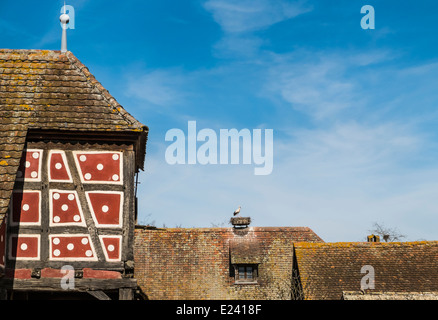 rote Fassade mit weißen Punkten, Ensemble von historischen Fachwerkhäusern, trägt man ein Stork´s Nest, Ökomuseum zeigen, ungersheim Stockfoto