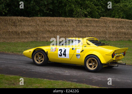 Gelber Sportwagen Nr. 34, Lancia Stratos, 1975 70s, 70er Jahre, gefahren von Andrew Ferguson auf dem Cholmondeley-Machtwettbewerb. Auf der 1,2 km langen Strecke auf dem Parkgelände von Cholmondeley Castle konkurrieren über 120 Autos, die sich über sieben Jahrzehnte des Motorsports erstrecken. Stockfoto