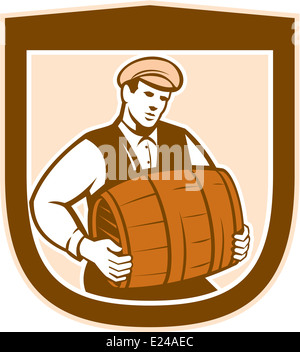 Abbildung eines Barkeeper Arbeitnehmers Keg Satz innen Schild Wappen auf isolierten weißen Hintergrund getan im retro-Stil tragen. Stockfoto