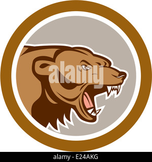 Abbildung von einer wütenden grizzly Bär Kopf von der Seite im inneren Kreis getan im Cartoon-Stil auf isolierte Hintergrund betrachtet. Stockfoto