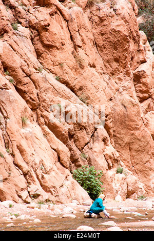 Ansicht einer Berber-Frau neben dem Wadi Tordra, der durch die dramatische Tordra Schlucht in der Nähe von Tinghir im Süden Marokkos fließt. Stockfoto