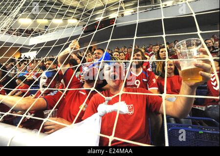 Brno, Tschechische Republik. 14. Juni 2014. Tschechischen Fans feiern Sieg im WM-Qualifikationsspiel Handball Tschechien Vs Serbien in Brno, Tschechische Republik am 14. Juni 2014. Bildnachweis: CTK/Alamy Live-Nachrichten Stockfoto