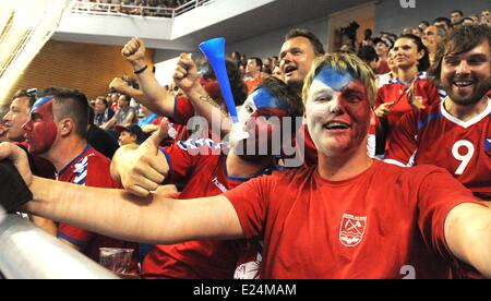 Brno, Tschechische Republik. 14. Juni 2014. Tschechischen Fans feiern Sieg im WM-Qualifikationsspiel Handball Tschechien Vs Serbien in Brno, Tschechische Republik am 14. Juni 2014. Bildnachweis: CTK/Alamy Live-Nachrichten Stockfoto