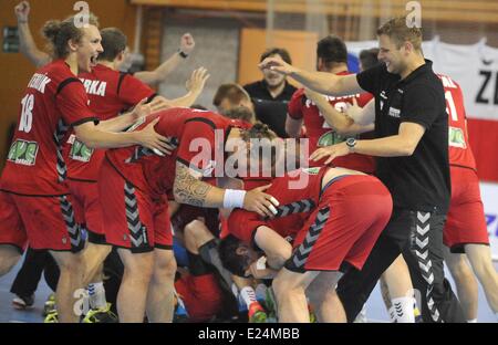 Brno, Tschechische Republik. 14. Juni 2014. Tschechische Handballer feiern Sieg im WM-Qualifikationsspiel Handball Tschechien Vs Serbien in Brno, Tschechische Republik am 14. Juni 2014. Bildnachweis: CTK/Alamy Live-Nachrichten Stockfoto