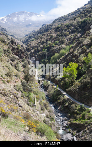 Landschaft des Flusses Rio Poqueira Schlucht Tal, hohe Alpujarras, Sierra Nevada, Provinz Granada, Spanien Stockfoto