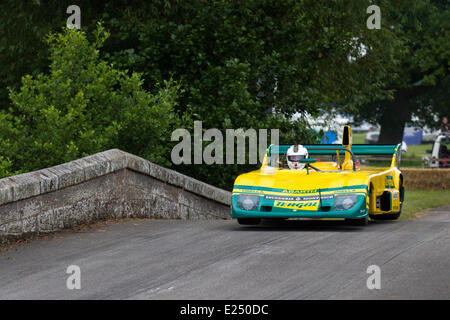 Abarth-Osella Osella PA2 Gruppe 5 (1974) Rennwagen Tergal gelb und grün Farben; Supercars auf der Cholmondeley Pageant of Power. Die Action findet auf der 1,2 Meilen langen Rennstrecke auf dem Parkgelände von Cholmondeley Castle statt, wo über 120 Autos gegeneinander antreten, die sieben Jahrzehnte lang Motorsport bieten. Das Wochenende ist eines der größten Feste der Macht und Geschwindigkeit im Land. Stockfoto