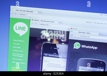Foto von Linie, WhatsApp und WeChat auf einem Bildschirm. Sie sind berühmte instant Messaging-Anwendung für smartphones Stockfoto