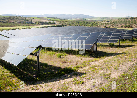 Array von Photovoltaik-Solarzellen in der mediterranen Sonne, in der Nähe von Alhama de Granada, Spanien Stockfoto