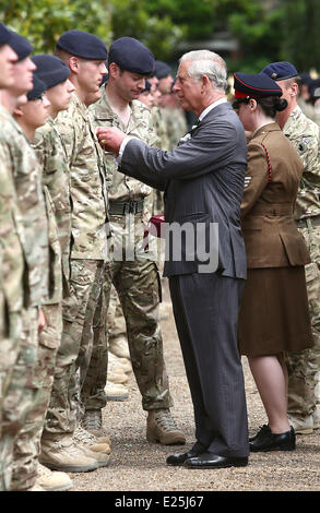 Prinz Charles, Prinz von Wales präsentiert Betrieb Medaillen an die Soldaten der Royal Dragoon Guards im Clarence House am 27. Juni 2013 in London, England. Königliche Rota Photo by Tim P. Whitby - Ian Jones Fotografie mit geliefert: Prinz Charles, Prince Of Wales wo: London, Vereinigtes Königreich bei: 27. Juni 2013 Stockfoto