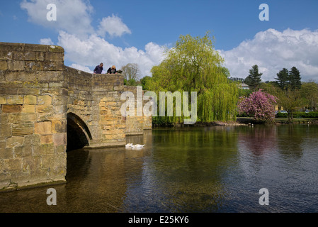 Paar auf der Suche nach unten von der Brücke am Schwäne am Fluss Wye Bakewell Derbyshire England Stockfoto