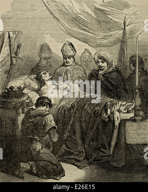Louis IX von Frankreich (1214-1270). Tod des Königs während der Belagerung von Tunis, 24 August 1270, während der achte Kreuzzug. Gravur. Stockfoto