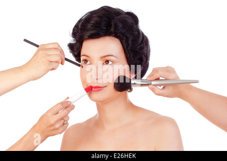 Make-up-Artists, Foto-Shooting - Isolated on White Modell vorbereiten Stockfoto