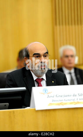 Rom, Italien. 16. Juni 2014. Die UN-Ernährungs und landwirtschaftliche Organization(FAO)-Generalsekretär José Graziano da Silva hält eine Rede bei der Verleihung am Hauptsitz der FAO in Rom, Italien, am 16. Juni 2014. Die FAO anerkannt Chinas herausragende Fortschritte gegen den Hunger am Montag für das erste Jahrtausend Entwicklung Goal(MDG), nämlich die Halbierung des Anteils der unterernährten Menschen seit 1990 erreicht zu haben. Bildnachweis: Xinhua/Alamy Live-Nachrichten Stockfoto