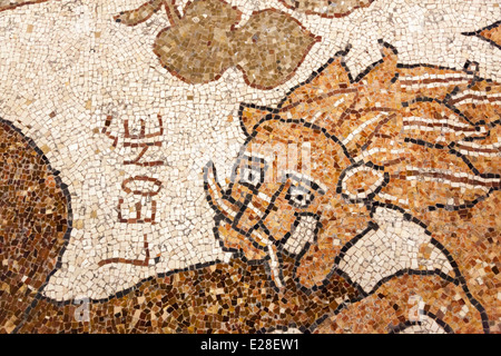 Detail des 12. Jahrhundert-Baum des Lebens-Mosaik-Fußboden (Leone) von Otranto Kathedrale, Apulien, Süditalien Stockfoto