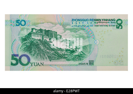 Chinesische RMB 50 oder Yuan zeigt die Rückseite der Rechnung isoliert auf einem weißen Hintergrund mit einem Beschneidungspfad Stockfoto