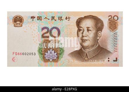 Chinesische 100 RMB oder Yuan mit Vorsitzenden Mao auf der Vorderseite jeder Rechnung isoliert auf einem weißen Hintergrund mit einem Beschneidungspfad Stockfoto