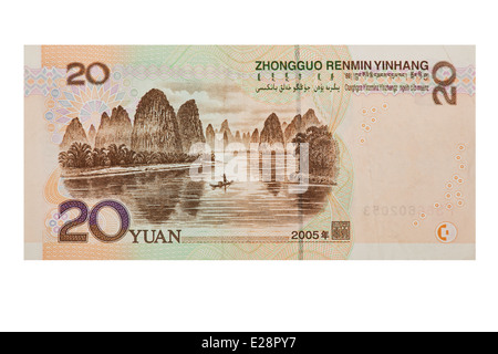 Chinesische RMB 20 oder Yuan zurück jede Rechnung isoliert auf einem weißen Hintergrund mit einem Beschneidungspfad Stockfoto