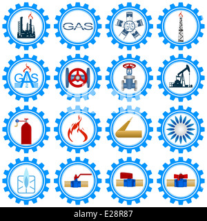 Stellen Sie Symbole Gasproduktion und Gas, die Verarbeitungsindustrie. Abbildung auf weißem Hintergrund. Stockfoto