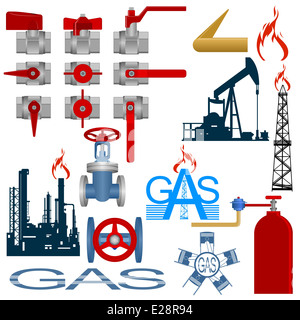 Stellen Sie Symbole Gasproduktion und Gas, die Verarbeitungsindustrie. Abbildung auf weißem Hintergrund. Stockfoto