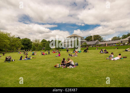 Botanische Gärten, Glasgow, Schottland, Großbritannien. 17. Juni 2014.  Obwohl es der heißeste Tag des Jahres und es wird bewölkt Zaubersprüche, dies ist nicht stoppen Menschen im Park entspannen. Paul Stewart/Alamy News Stockfoto