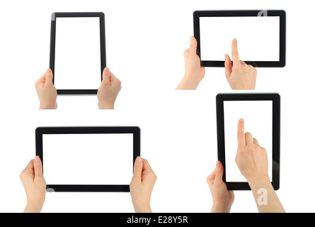 Satz von digitalen Tablet-PC mit Händen isoliert auf weißem Hintergrund Stockfoto