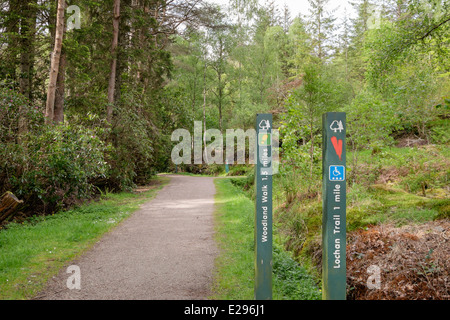 Weg-Zeichen für Trail, Glencoe Lochan Forstverwaltung Wald für Rollstuhlfahrer geeignet. Glencoe, Highland, Schottland Stockfoto