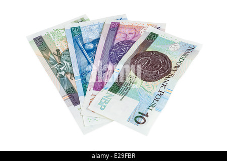 Reihe von neuen polnischen Banknoten isoliert auf weißem Hintergrund mit Beschneidungspfad Stockfoto