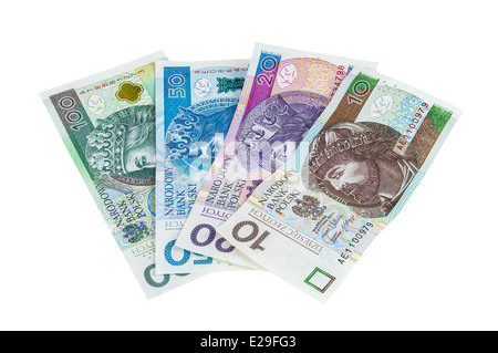 Reihe von neuen polnischen Banknoten isoliert auf weißem Hintergrund mit Beschneidungspfad Stockfoto