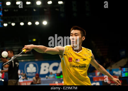 Jakarta, Indonesien. 18. Juni 2014. Lee Chong Wei von Malaysia konkurriert gegen Sony Dwi Kuncoro aus Indonesien in Runde eins der BCA Indonesien Open 2014 im Istora Senayan Jakarta, Indonesien, 18. Juni 2014. Lee gewann 2: 0. © Veri Sanovri/Xinhua/Alamy Live-Nachrichten Stockfoto