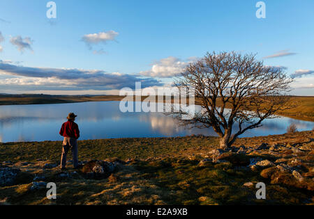 Frankreich, Lozere, Hochebene von Aubrac, Wanderer am See St. Andeol auf der Route von Compostela Stockfoto