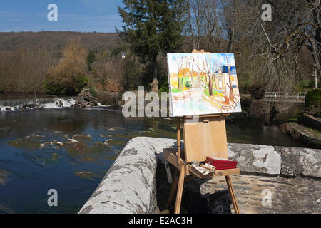 Frankreich, Côtes d ' Armor, Blavet Tal, Saint Gelven, Malerei auf Staffelei vor Bon Repos Lock Stockfoto