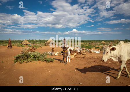 Die Hamar (auch buchstabiert Hamer) sind eine omotischen Community südwestlichen Äthiopien bewohnen. Sie leben in einem fruchtbaren Teil des Omo River Valley, in der Debub-Omo-Zone der südlichen Nationen, Nationalitäten und Völker Region (SNNPR). Stockfoto